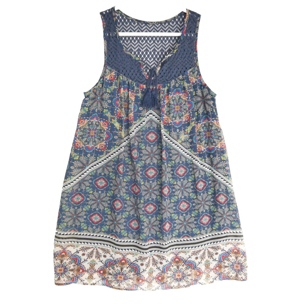 As U Wish Chiffon Overlay Tassel Hippie Retro Lace Panel Boho Mini Dress Women L